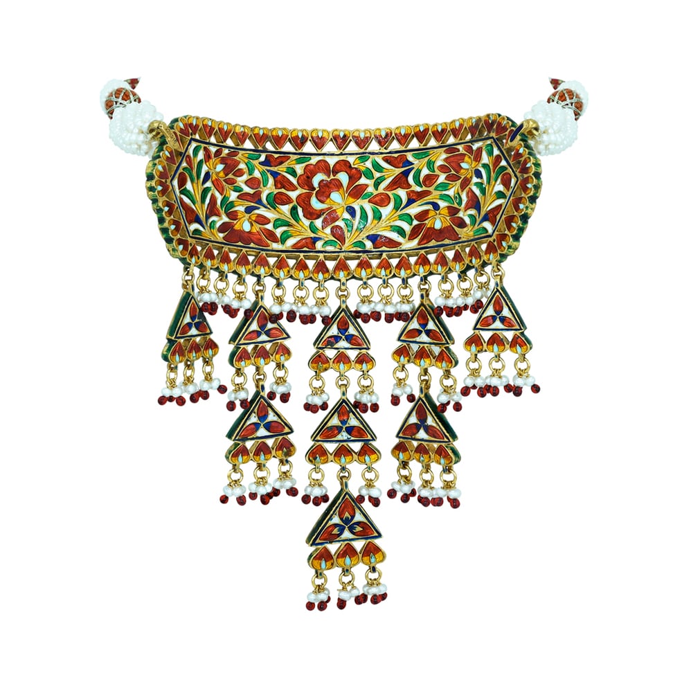 Polki Choker with Red Enamel, Triangular Motifs, and Pearl Drops
